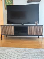 TV Lowboard in Graphit und Eiche Wotan mit Lamellenoptik