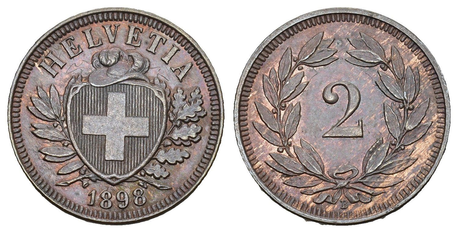Tutti le monete: Schweiz 1898 2 Rappen Abart – Usato da Bern venduto da numismatictops