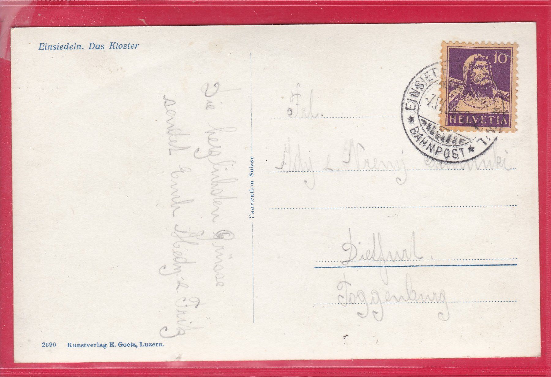 Cartoline postali: EINSIEDELN, DAS KLOSTER, 7.6.1934 – Usato da Oberrieden venduto da Gebirgsstelze 1