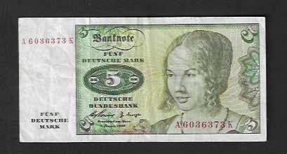 Banconote: Germania   5  Mark  1960  Gebraucht – Usato da Gordola venduto da coinsandnotes