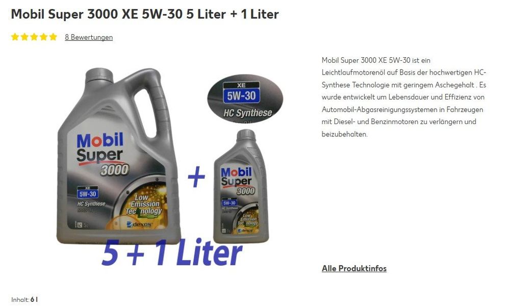 Motorenöl Öl 8 LITER Mobil Super 3000 XE 5W30 Oil