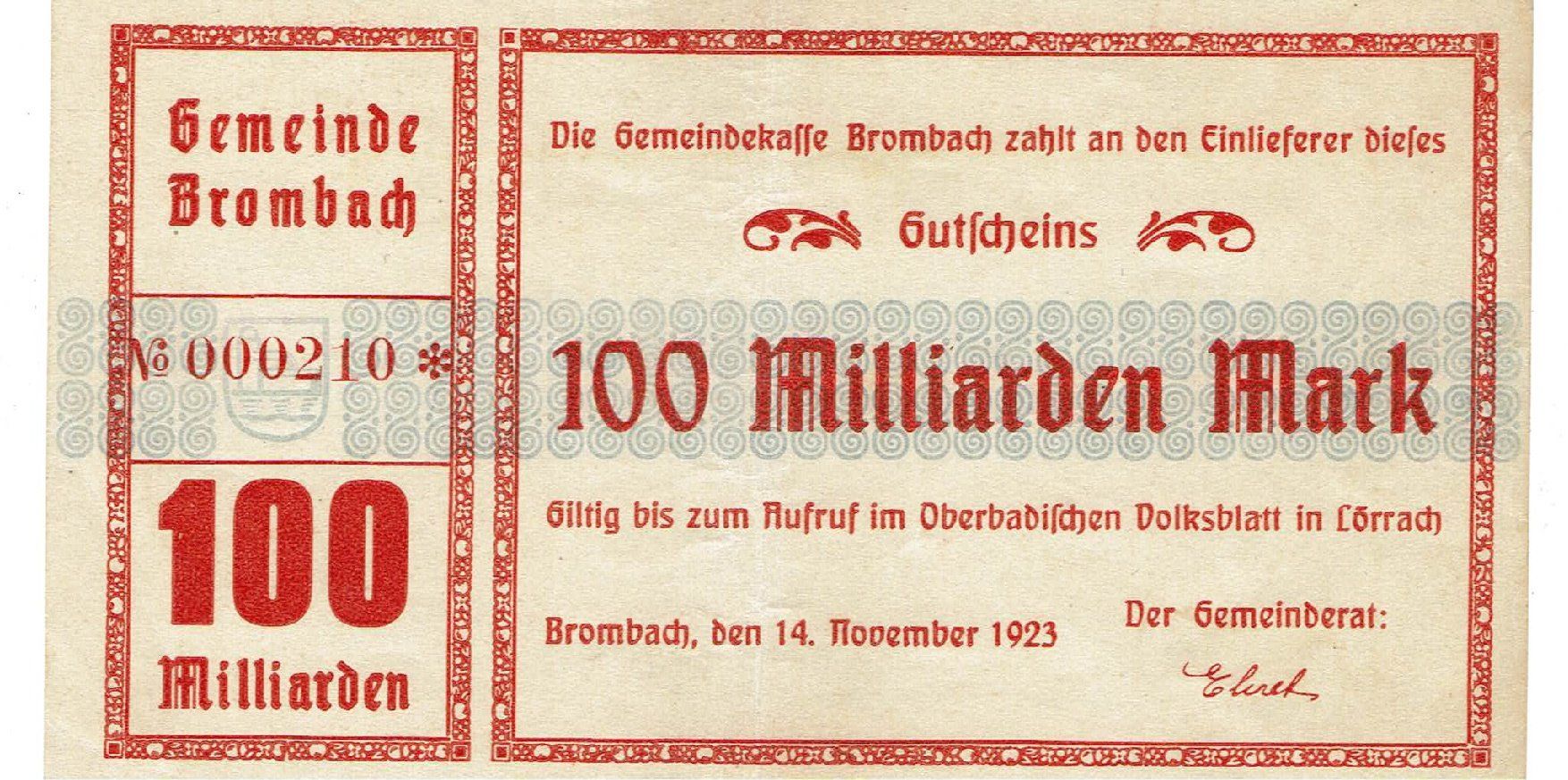 Banconote: Brombach 100 Mrd.Mark 14.11.1923 VZ-VZ++ – Usato da Steffisburg venduto da ber_8htf