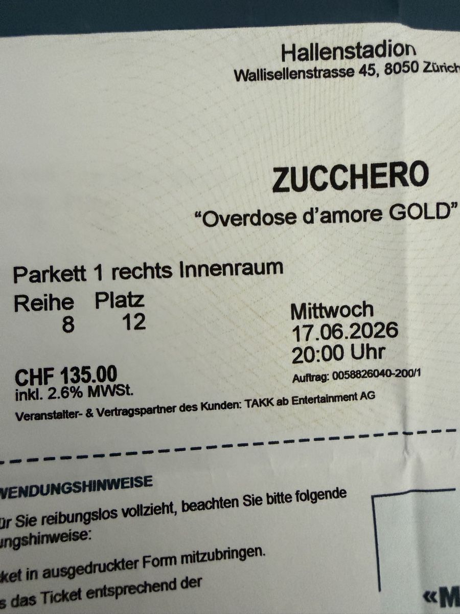 Tickets: Tickets Zuccero  – Neu und originalverpackt aus Aadorf von bna_tfq8 1