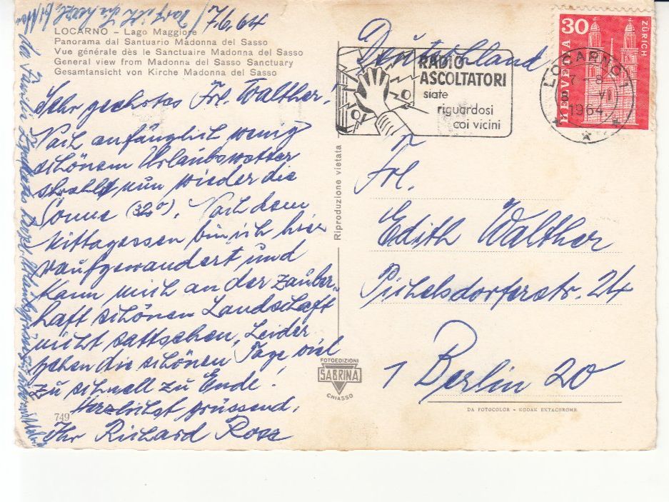 Cartoline postali: Locarno 1964 – Usato da Bürglen TG venduto da StampGraf 1