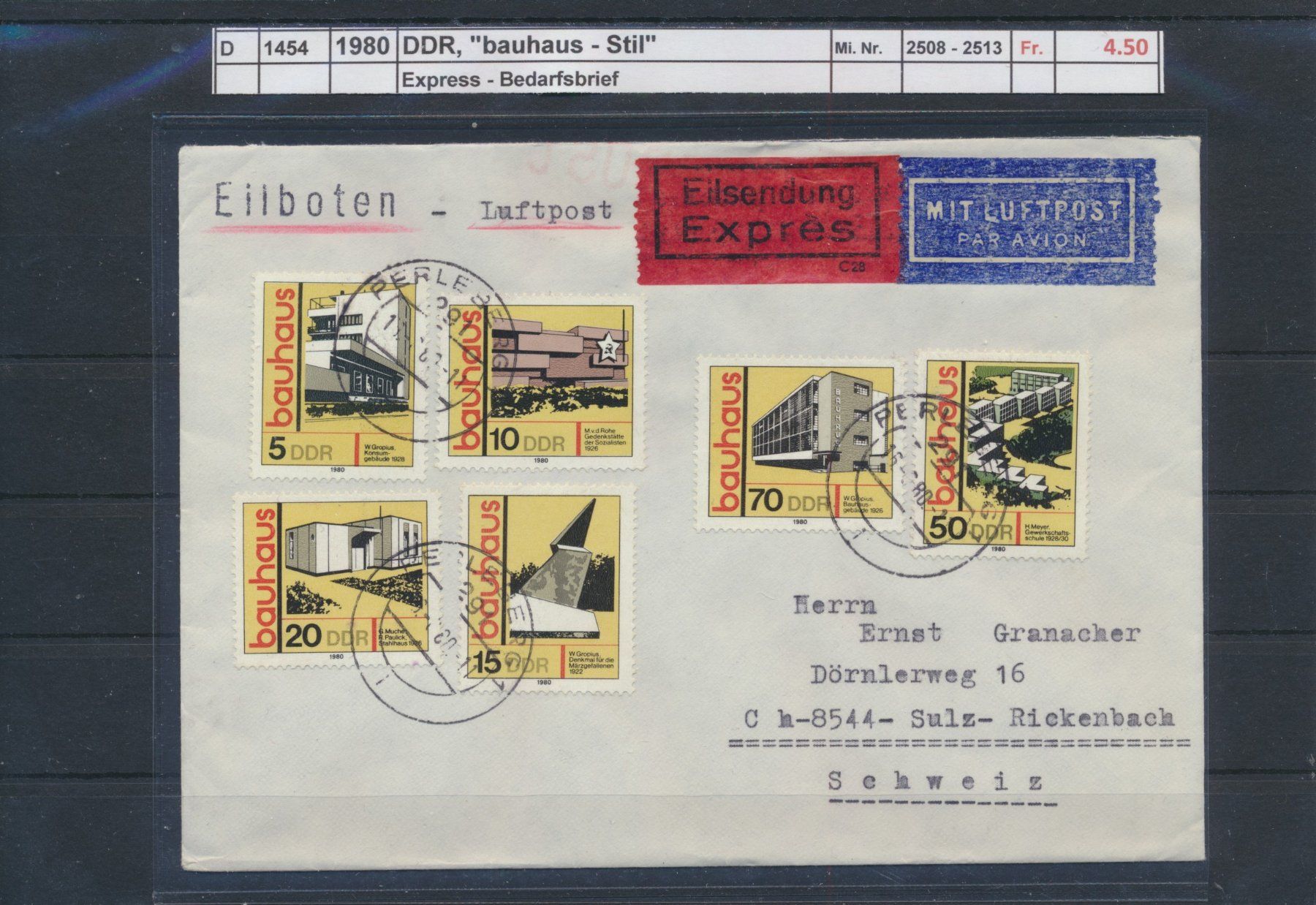 Tutti i francobolli: 1980 DDR, "bauhaus  - Stil", Bedarfsbrief – Usato da Winterthur venduto da Zupogeru