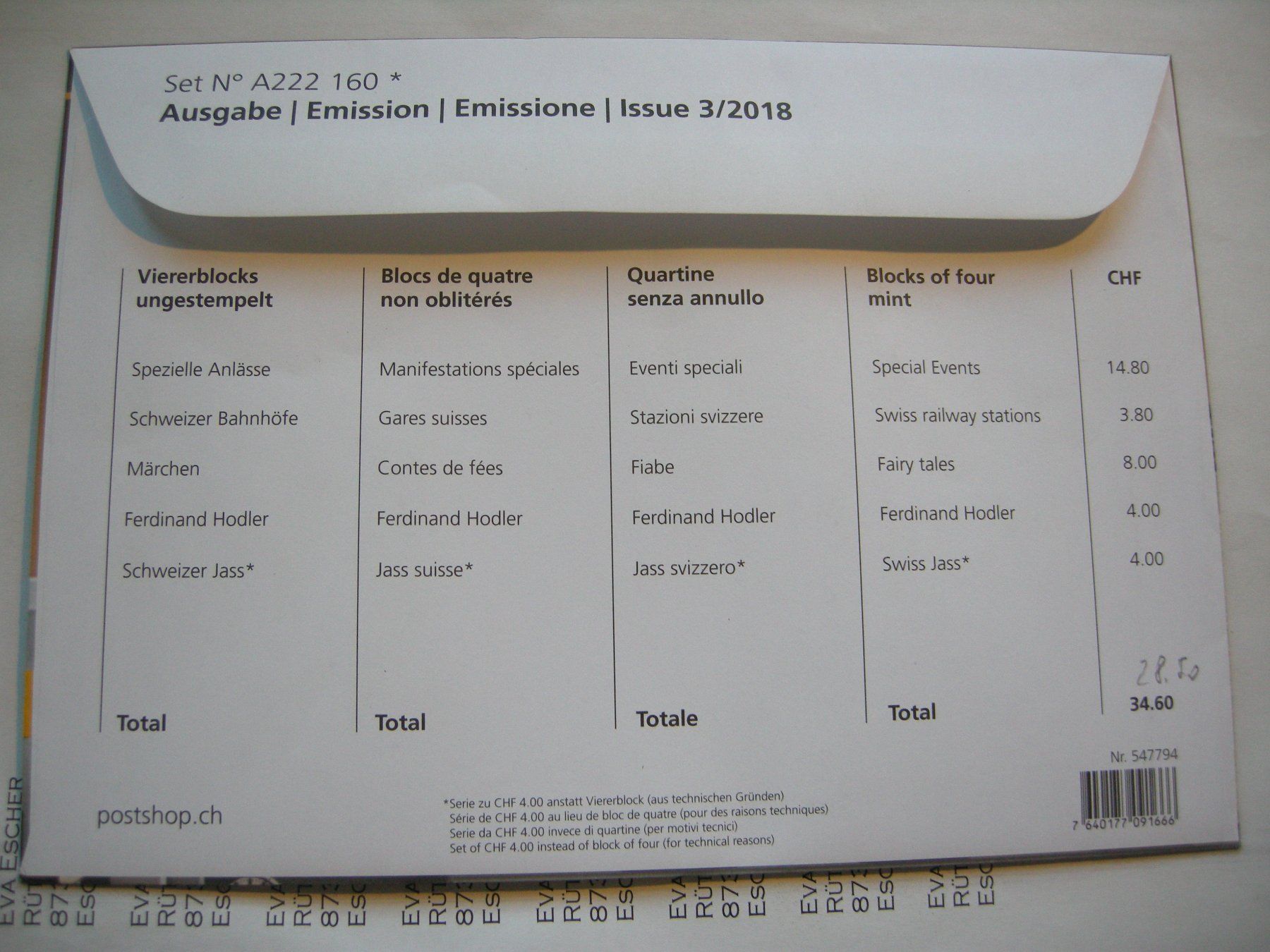 Alle Briefmarken: 2018 EMISSION 3, 4er BLOCKA POSTFRISCH, FRANKATUR, postpreis – Gebraucht aus Rüti ZH von jupi1945 2