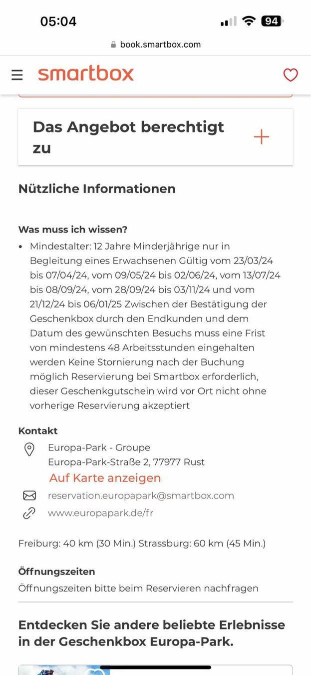 Smartbox Gutscheine: **Smartbox 2 x 1 Eintritt EUROPAPARK!!** – Neu und originalverpackt aus Uttigen von  2