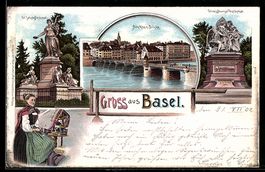 Lithographie Basel, Alte Rhein-Brücke, Strassburger-Denkmal,