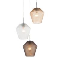 Suspension 3 abat-jours verre texturé – rosace chrome