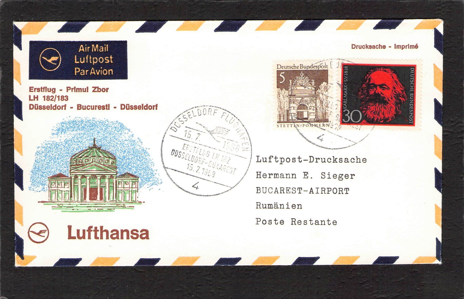 Tutti i francobolli: Lufthansa: Erstflug Düsseldorf - Bucarest  , 15.7.1968 – Usato da Reichenburg venduto da Pipo-67