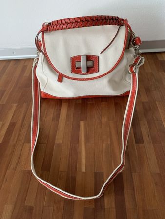 ABRO: Grosszügige Handtasche, Canvas/rotes Leder, NP 398.-