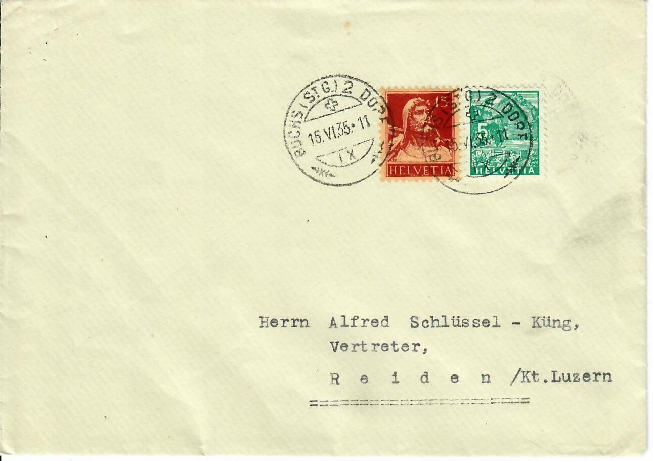 Tutti i francobolli: Brief, Buchs SG 1935 - siehe Rückseite – Usato da Hochdorf venduto da Ziegel-16
