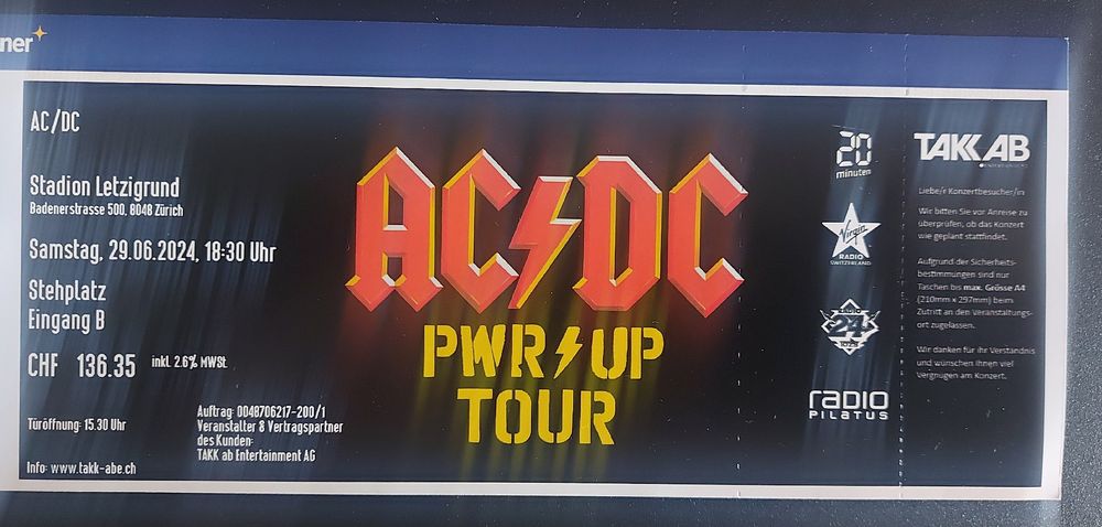 AC/DC ticket 29.06 Zürich (Neu (gemäss Beschreibung)) in für CHF 250 ...