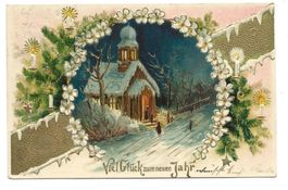 Neujahr - viel Glück - Kirche - Girlande - Präge-Litho  1905