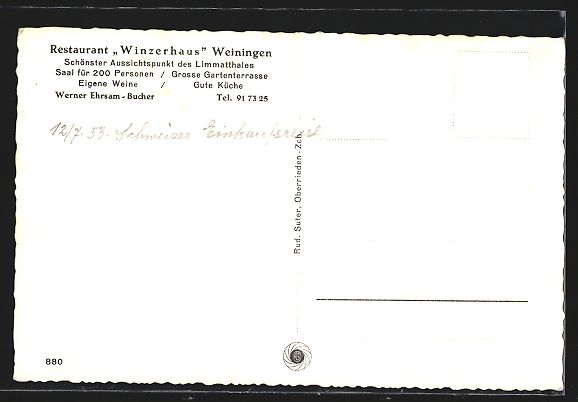 Ansichtskarten: AK Weiningen, Restaurant Winzerhaus – Gebraucht aus Berlin von bartko-reher 1