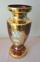 Grosse Glasvase - aufgesetzte Keramikblumen H=40,5cm 1970er