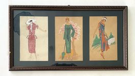 3 gerahmte Original-Modezeichnungen Art Deco / Dessins origi