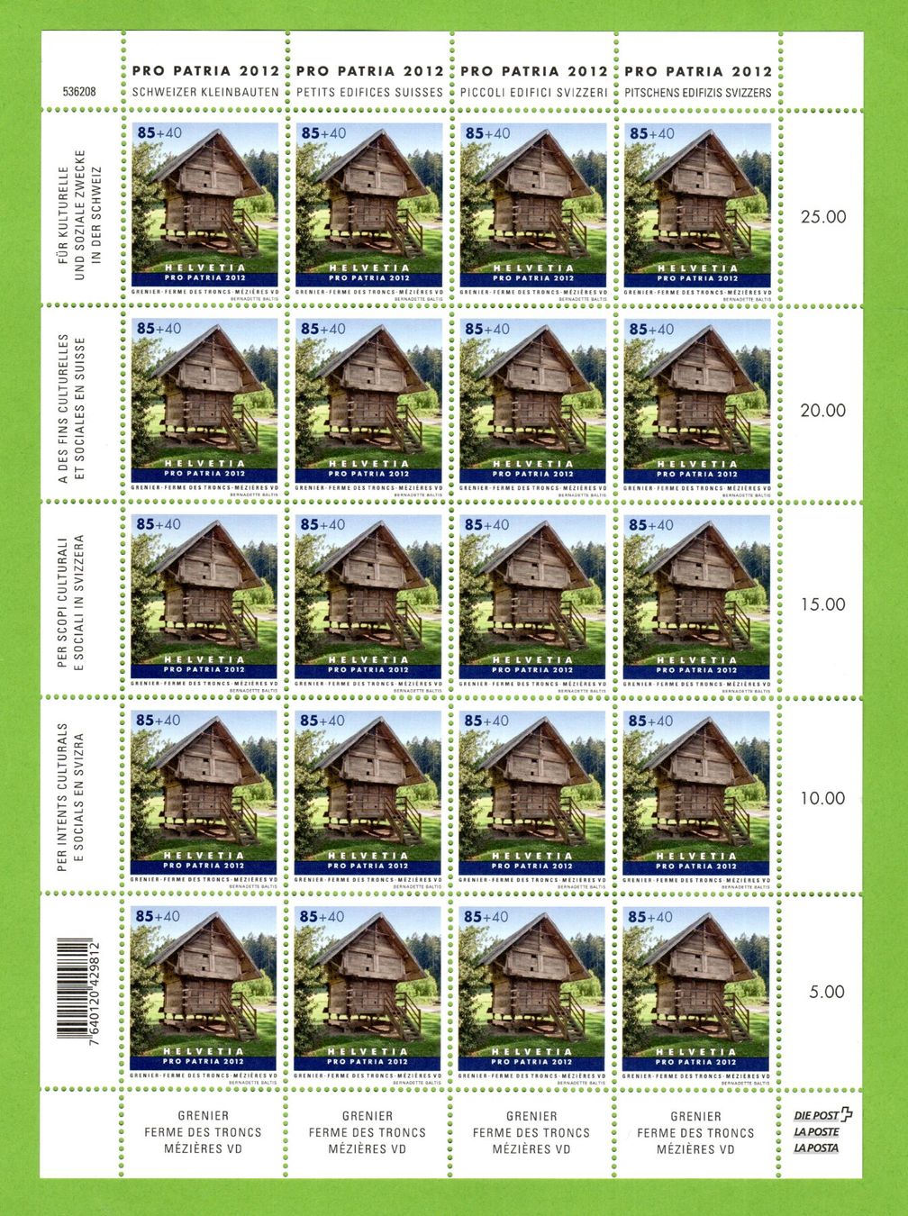 Alle Briefmarken: PP 2012 Kleinbauten Grenier ganzer Bogen postfrisch – Neu (gemäss Beschreibung) aus Stein am Rhein von Huehnerhund