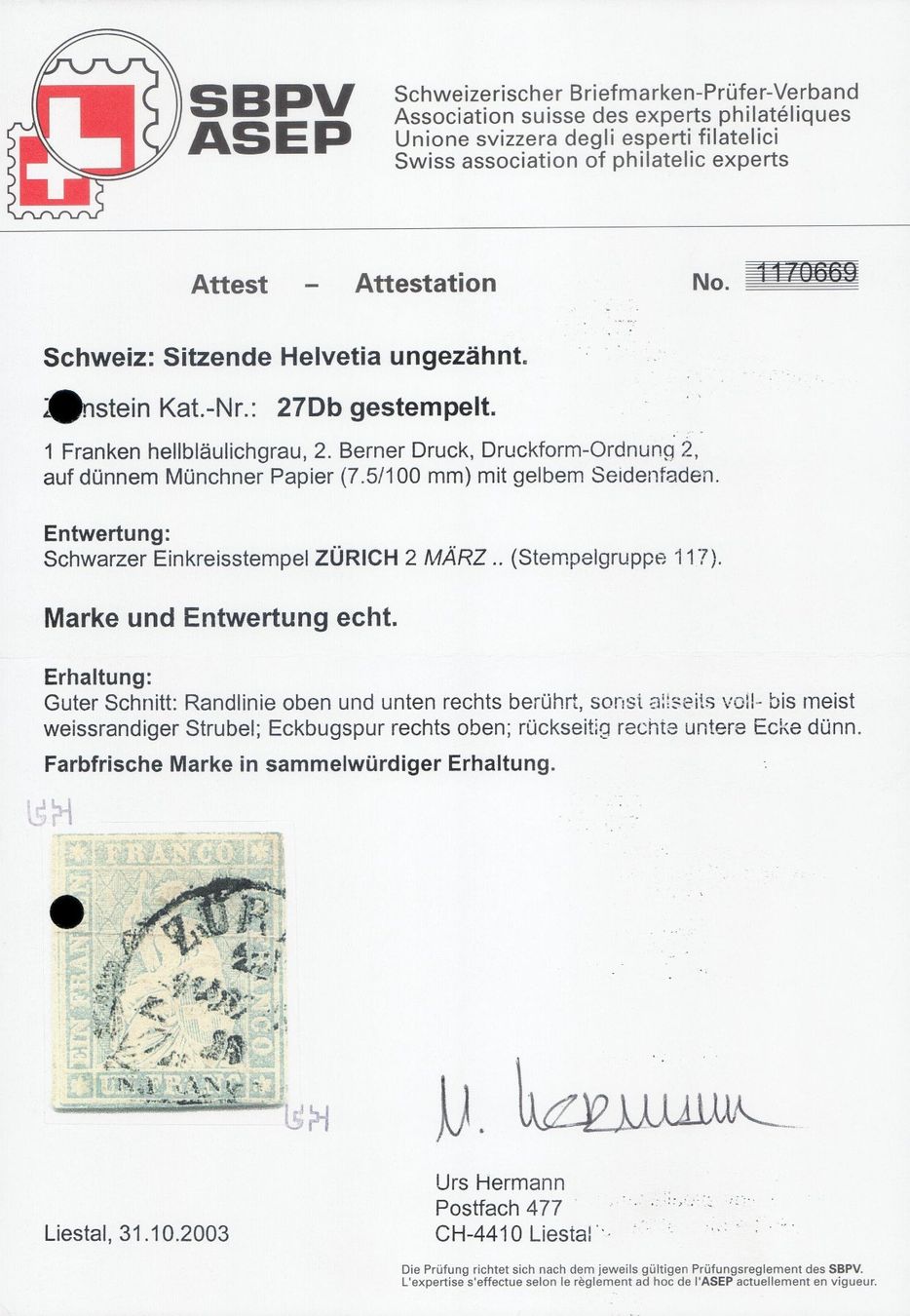 Tutti i francobolli: STRUBEL 27D MIT ATTEST, AB 1.- – Usato da Horw venduto da pilatusmail 2
