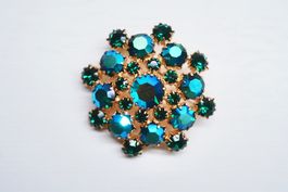 Vintage Brosche Gablonz Strass grün & blau-irisierend Stern