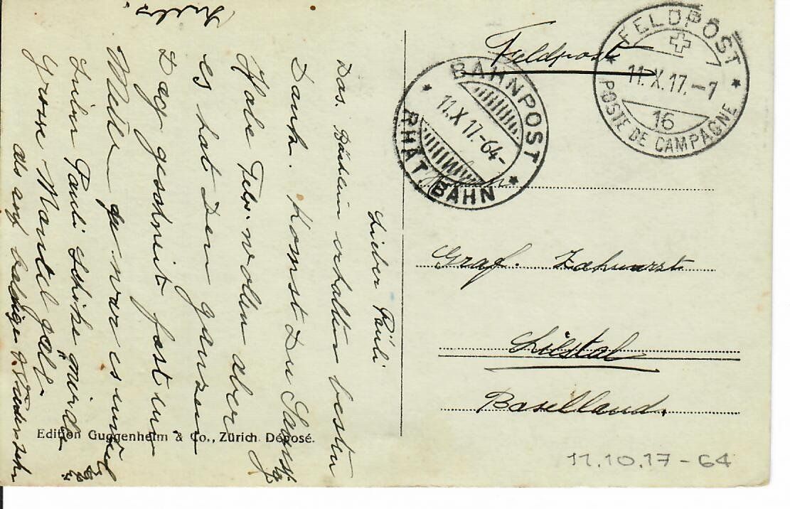 Ansichtskarten: Samaden - Feldpost - Bahnpost 1917 – Gebraucht aus Hochdorf von Ziegel-16 1