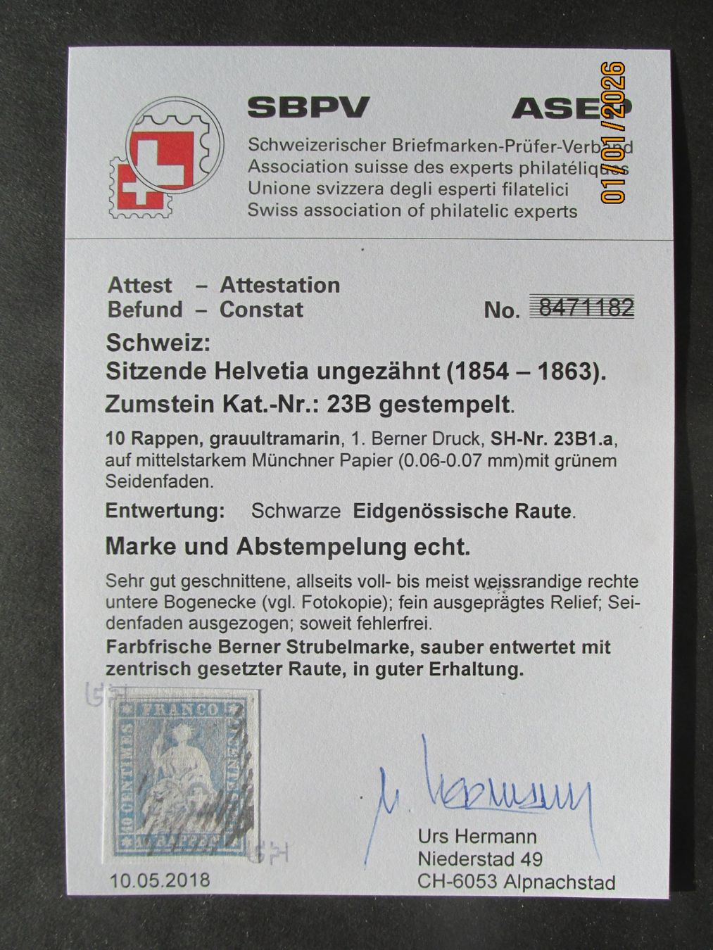 Tutti i francobolli: 23B1.a WEISSRANDIG MIT ATTEST HERMANN! RECHTE BOGENECKE. – Usato da Neuhausen venduto da WMUELLI 2