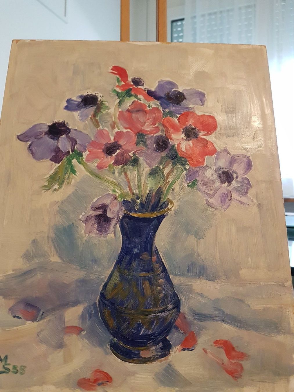Dipinti: Ölbild 1955 "Anemonen" – Monogrammiert MS – Usato da Glattbrugg venduto da casabelavista 4