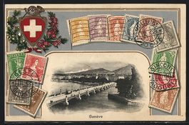 Präge-AK Genève, Flusspartie mit Brüc