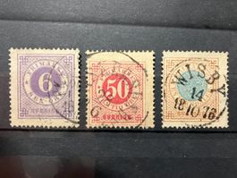 Briefmarken, Schweden, 1872, Kat. 20A, 25A, 26A, KP 165.--