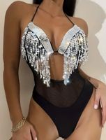 Costume da bagno intero L-Nero Paillettes Sexy Nuovo