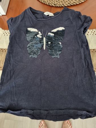 T-shirt H&M enfant à paillettes papillon 8-10ans bleu marine