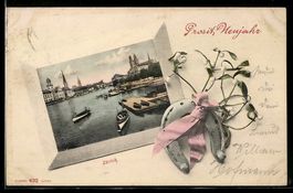 Zürich, Ortspartie am Fluss, Neujahrsgr