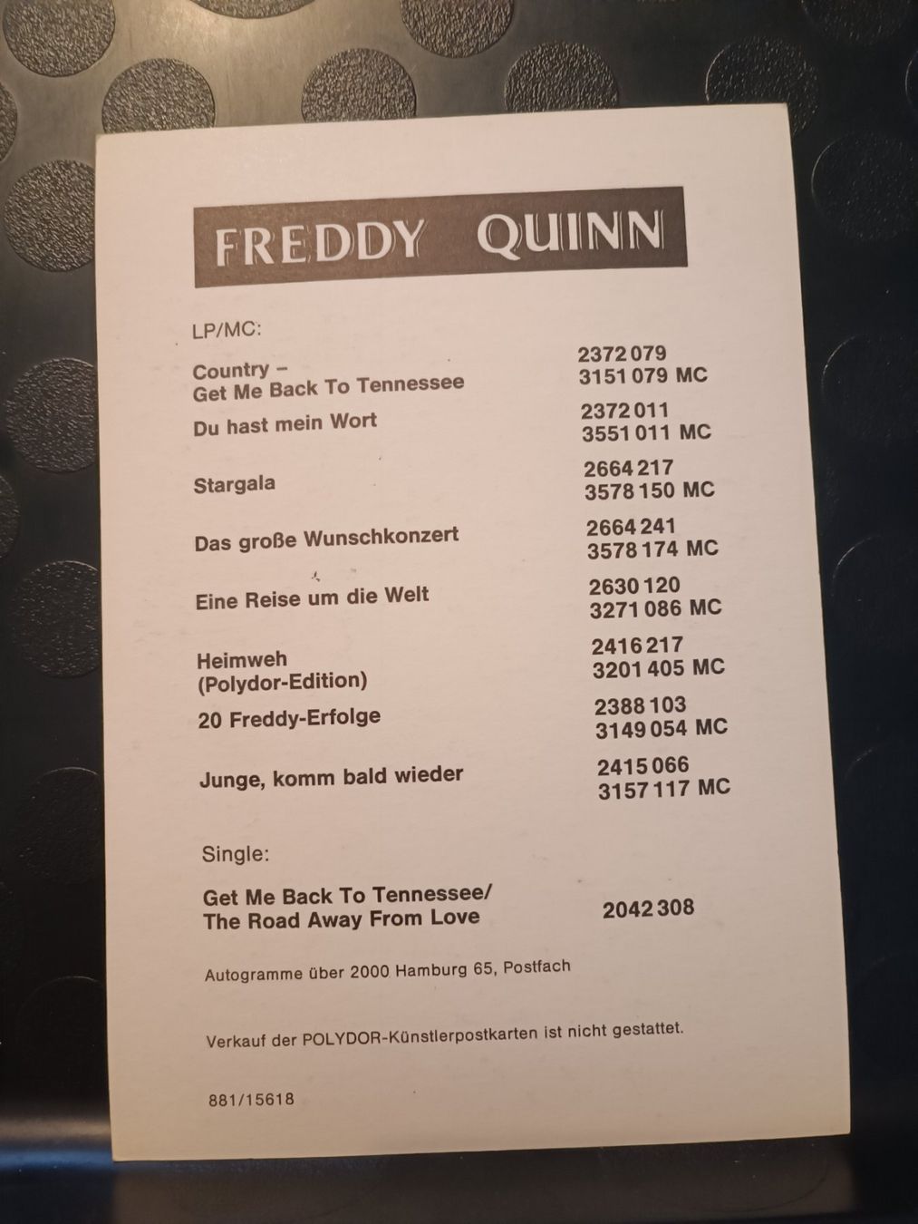 Autogramme: Freddy Quinn - Autogrammkarte- handsigniert – Gebraucht aus Menziken von Artographs 1