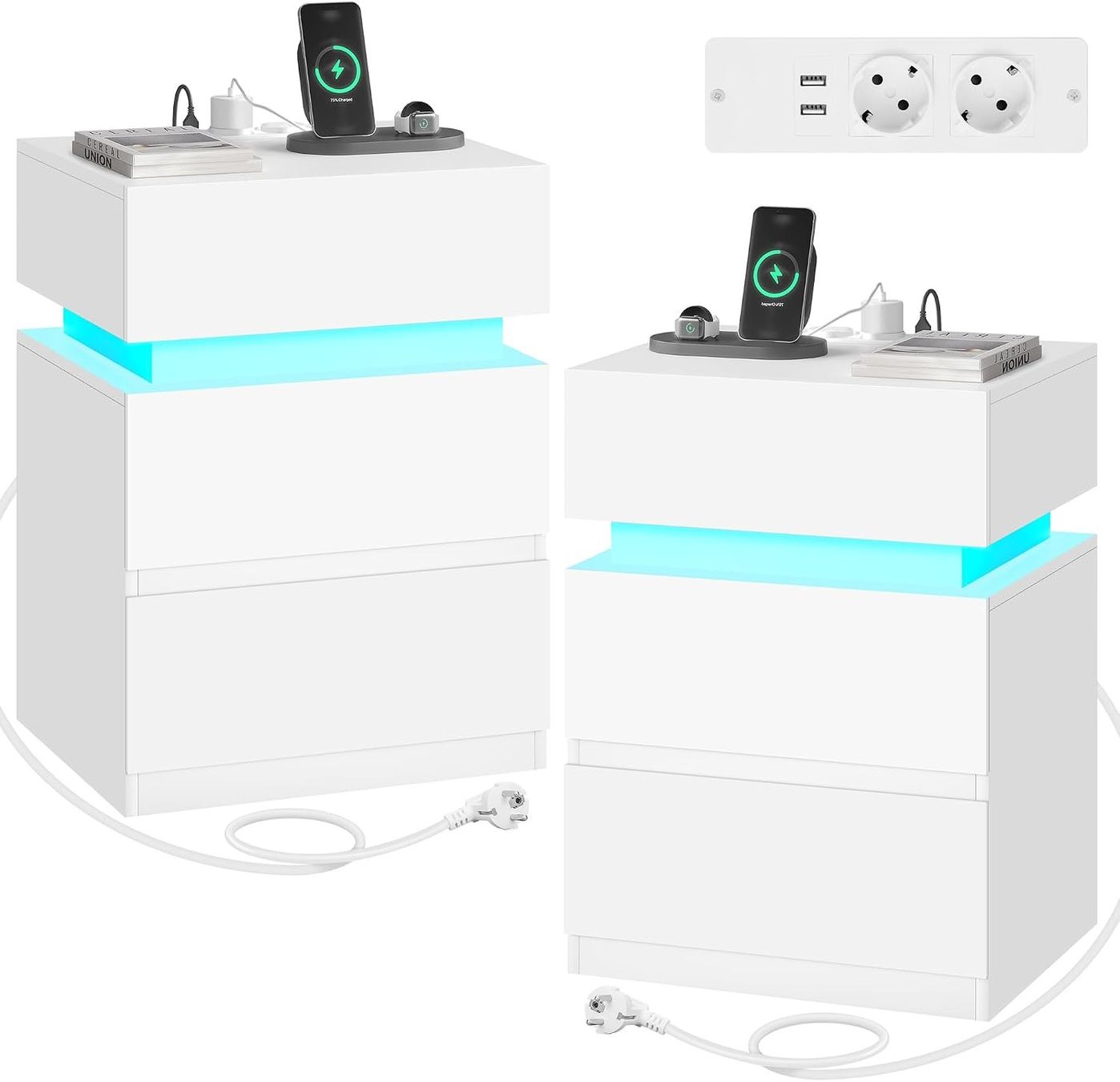 Nachttische: Nachttisch 2er-Set mit Steckdose und LED-Licht Weiss – Neu und originalverpackt aus Schaffhausen von Gipfelgut