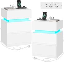 Nachttisch 2er-Set mit Steckdose und LED-Licht Weiss