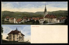 AK Mogelsberg, Ortsansicht mit Kirche, Evangelisches Schulha