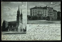 Mondschein-AK Basel, Münster und Hotel Schweizerhof