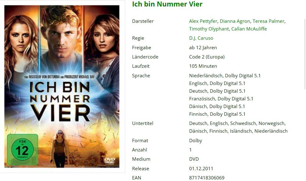 Tutti i DVDs: Ich bin Nummer Vier -DVD- – Usato da Urdorf venduto da Muluk 1