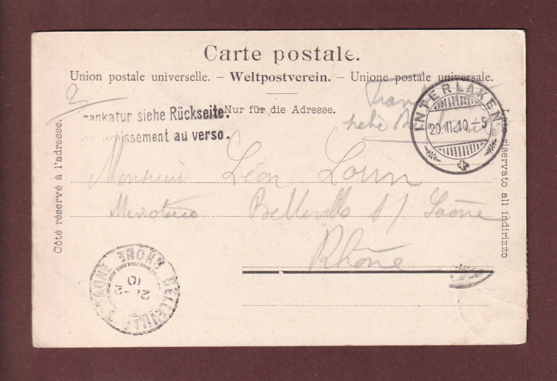 Cartoline postali: BRIENZERROTHORN - 1910 – Usato da Pully venduto da nicecards 1