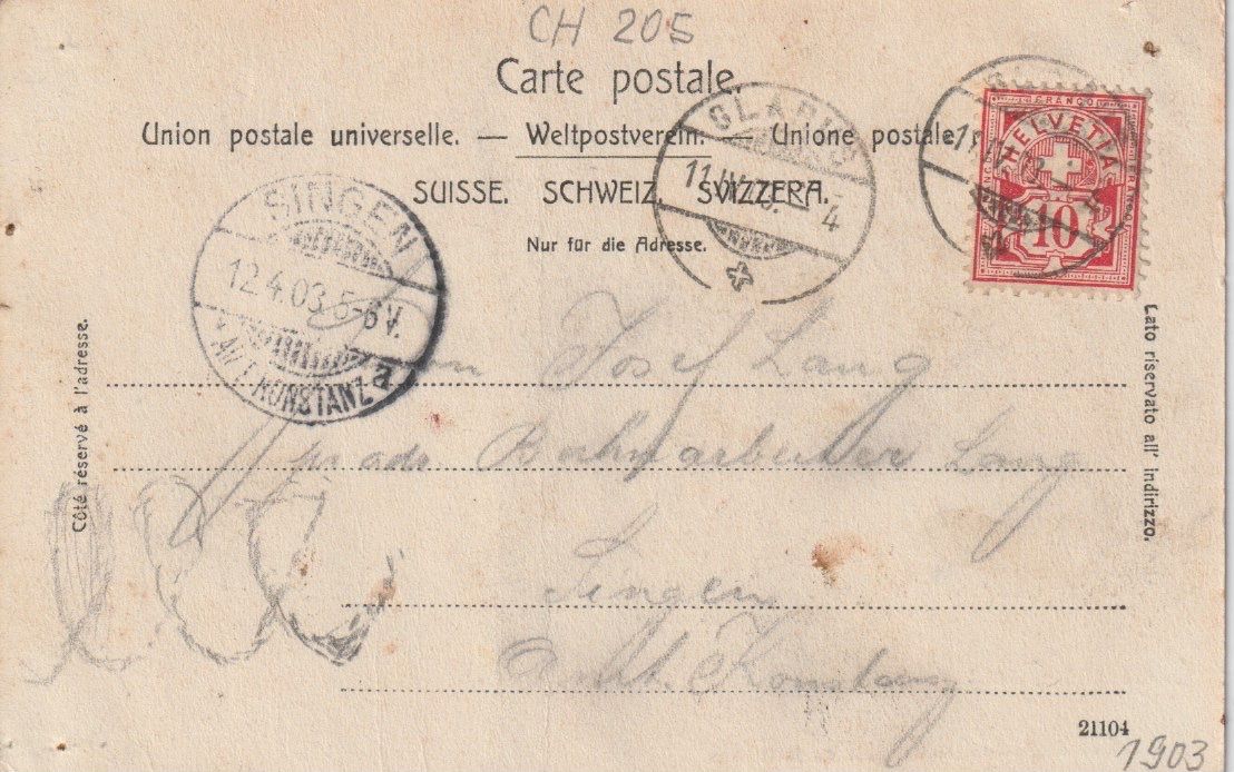 Ansichtskarten: CH 205 Gruss aus Glarus, 1903 – Gebraucht aus Freienbach von Bhaltis 1