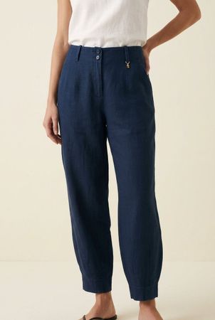 SISLEY Pantalon 100% Lin Bleu Marine Carotte T. 36