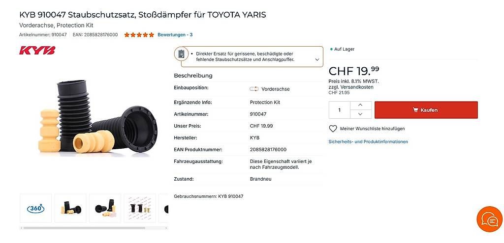 Toyota Tutti pezzi di ricambio auto: Toyota Yaris Staubschutz – Nuovo e nell'imballaggio originale da Schliern b. Köniz venduto da Suena1 1