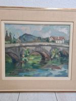 Tableau ancien signé S. Ferrari pont rivière paysage huil...