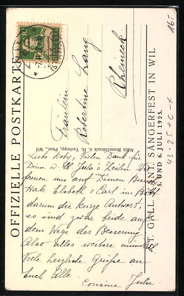 Cartoline postali: Wil, St. Gall. Kant. Sängerfest 1925, N – Usato da Berlin venduto da bartko-reher 1
