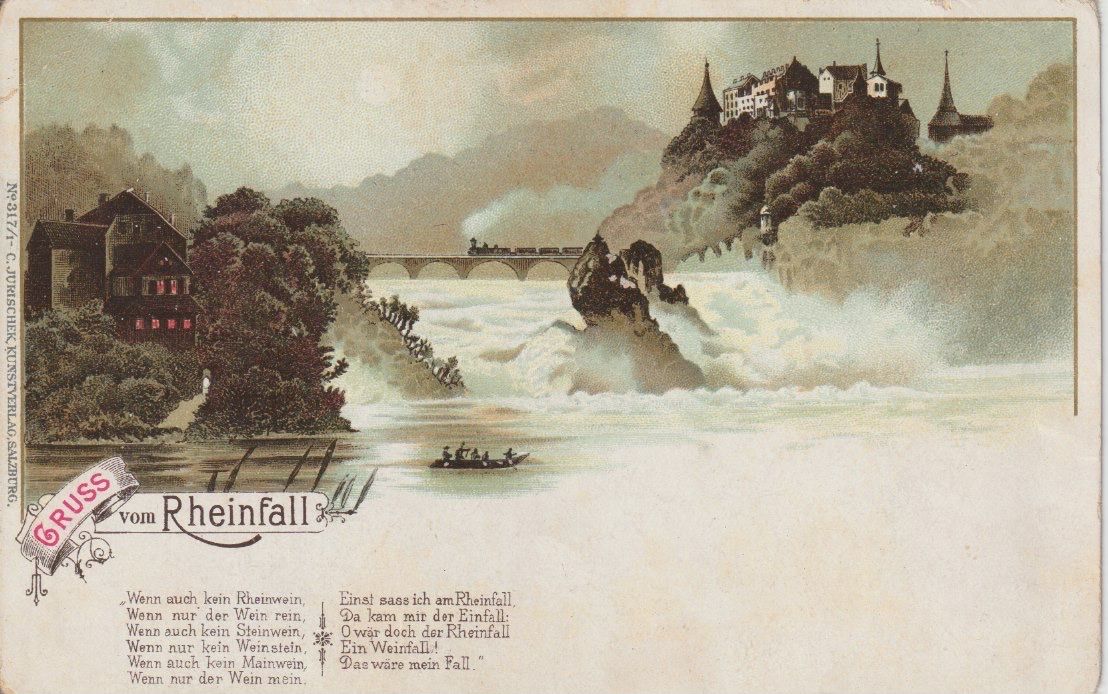 Cartoline postali: CH 207 Gruss vom Rheinfall, Sprüche, 1900/10 – Usato da Freienbach venduto da Bhaltis