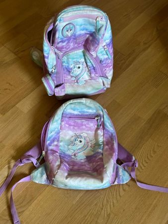Schulthek mit leeren Etui Einhorn Muster mit Gebrauchsspuren