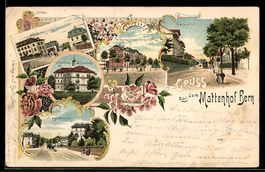 Lithographie Bern, Gasthaus Mattenhof, Zieglerstraße, Telegr