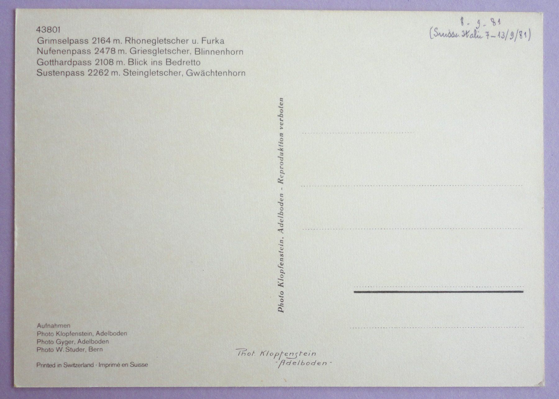 Cartoline postali: Grimsel - Nufenen - Gotthard - Susten – Usato da Fétigny venduto da Billy2miny 1