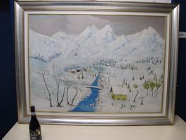 Grosses schönes Winter Oel Gemälde signiert Platin Rahmen