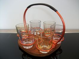 50er 60er Vintage Teak Schnapsgläser im Träger Mid Century
